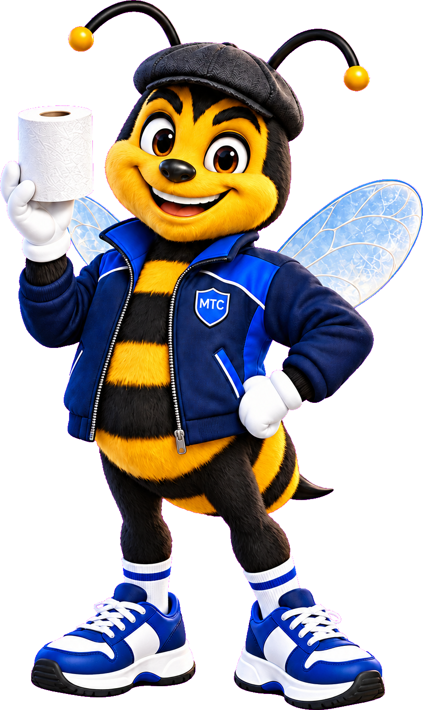Rollie, the Manchester Tissue Co bee mascot, holding a tissue roll